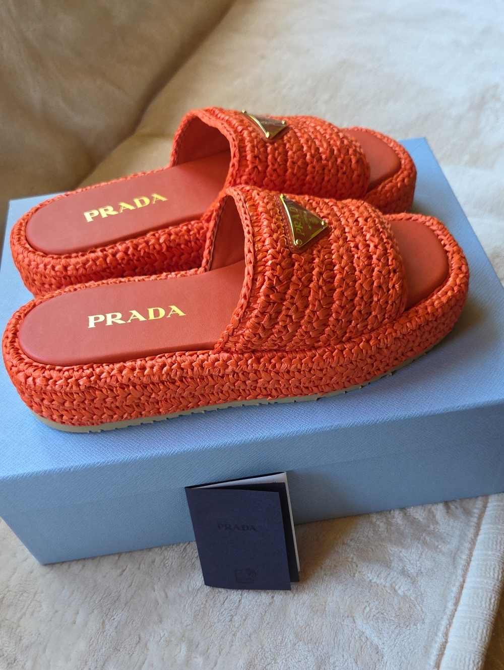 Prada Orange Woven Raffia Slide Mules with Gold Logo - Picture 4 of 7